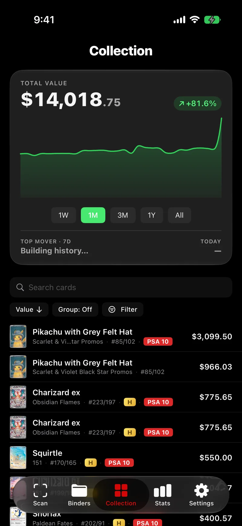Collection list with a live market price beside every card