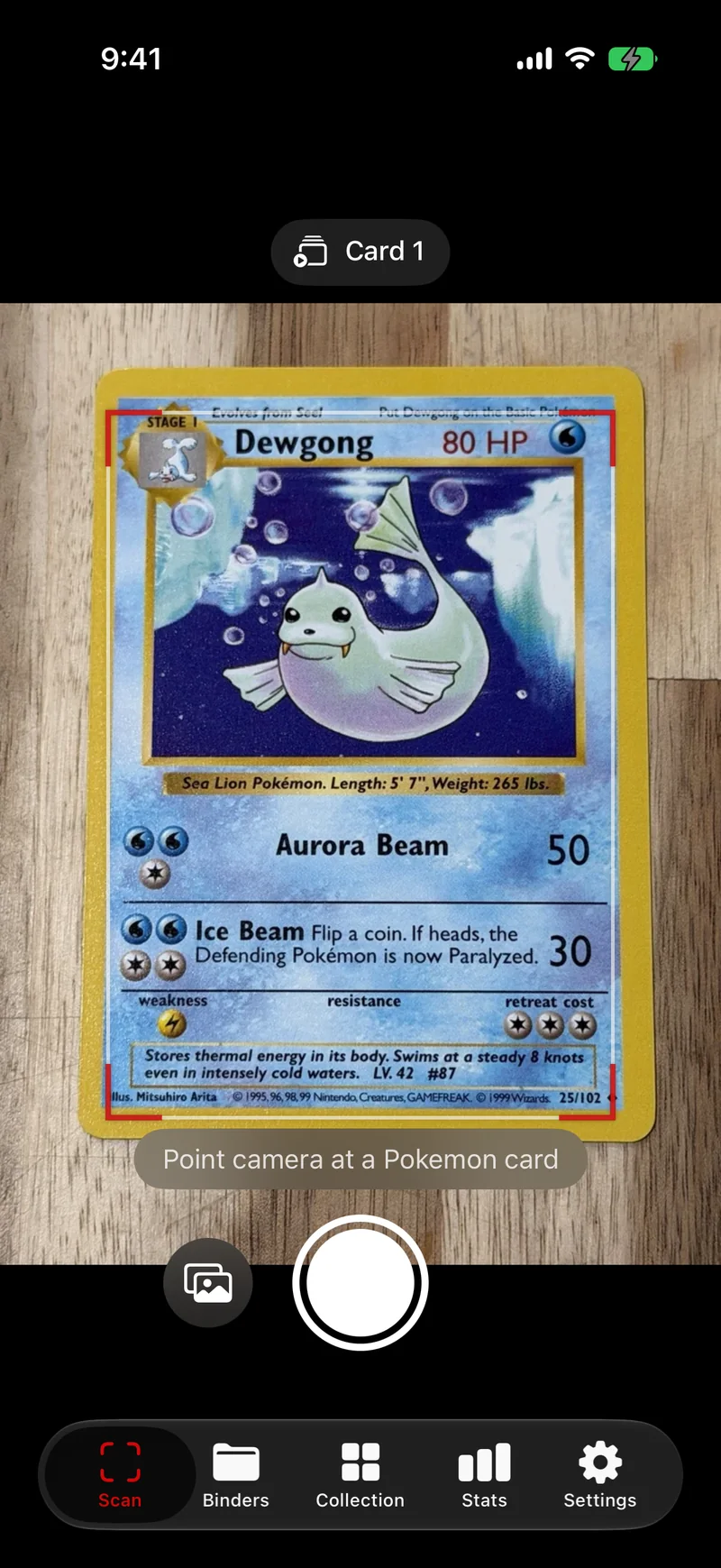 PokEYE scanning a Pokémon card with the camera and identifying it instantly